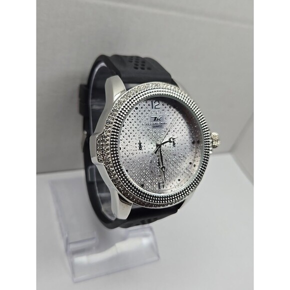 Techno King 51mm Iced Out Crystal Bezel Dial Black Strap Quartz Mens New Battery - Picture 4 of 9